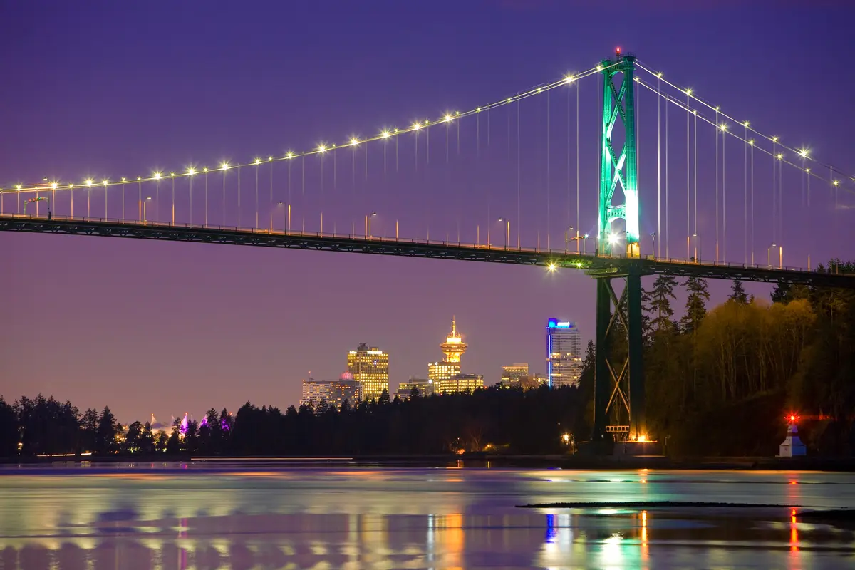 Lions Gate Bridge lit up at night